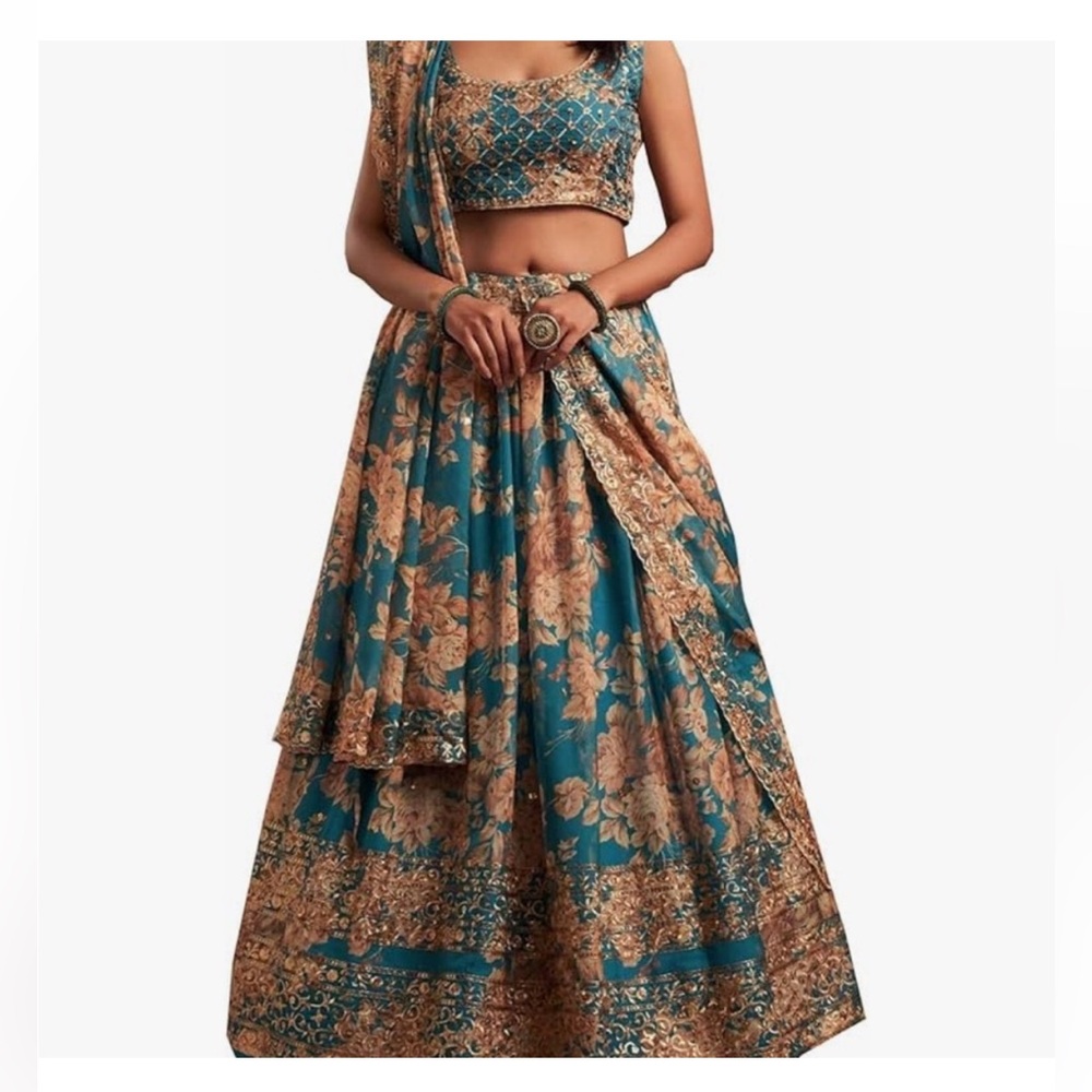 Floral Teal & Gold Lehenga with Dupatta